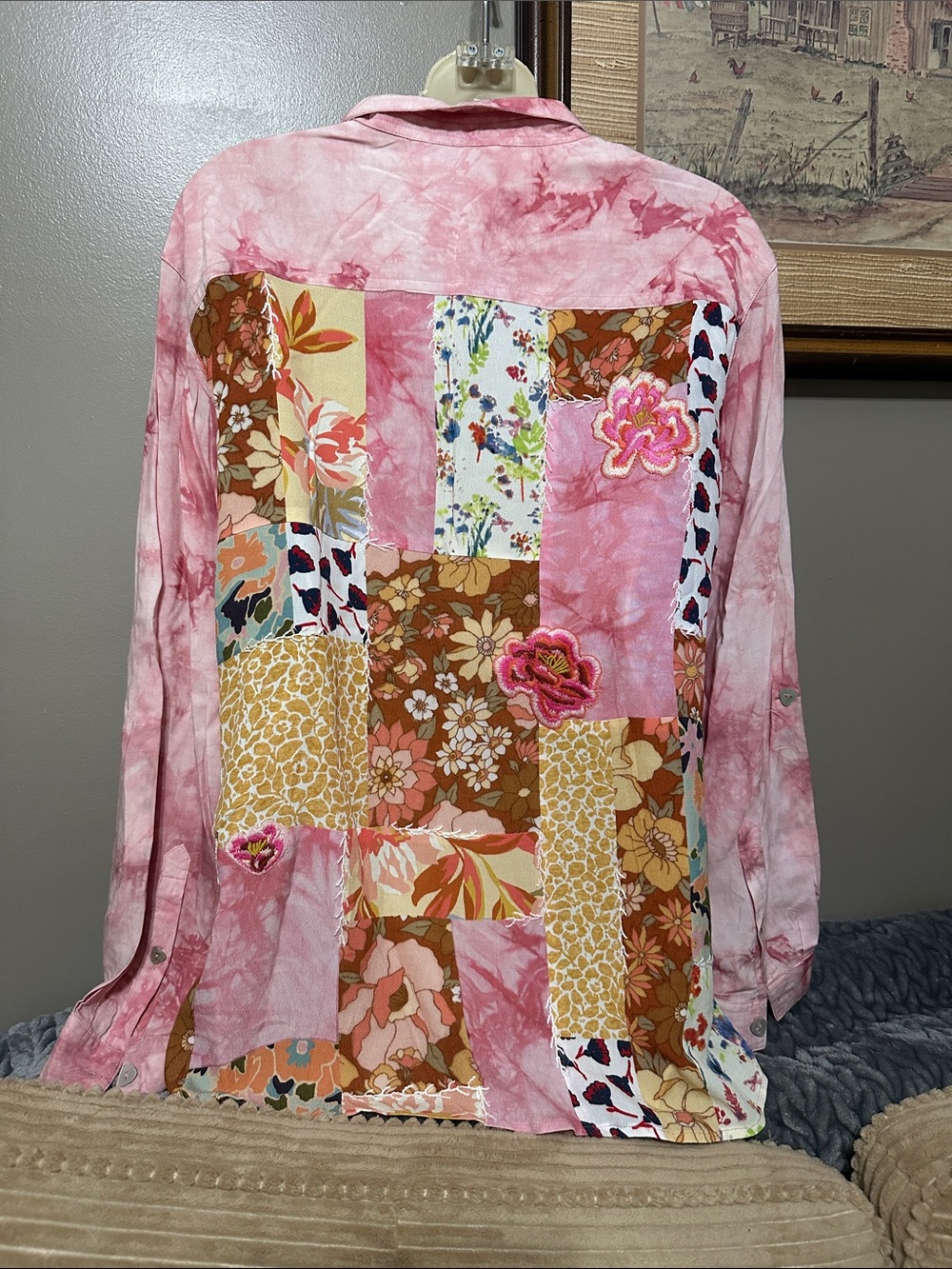 John Mark Pink Tie-Dye Mixed Media Back tunic Button-Down Shirt